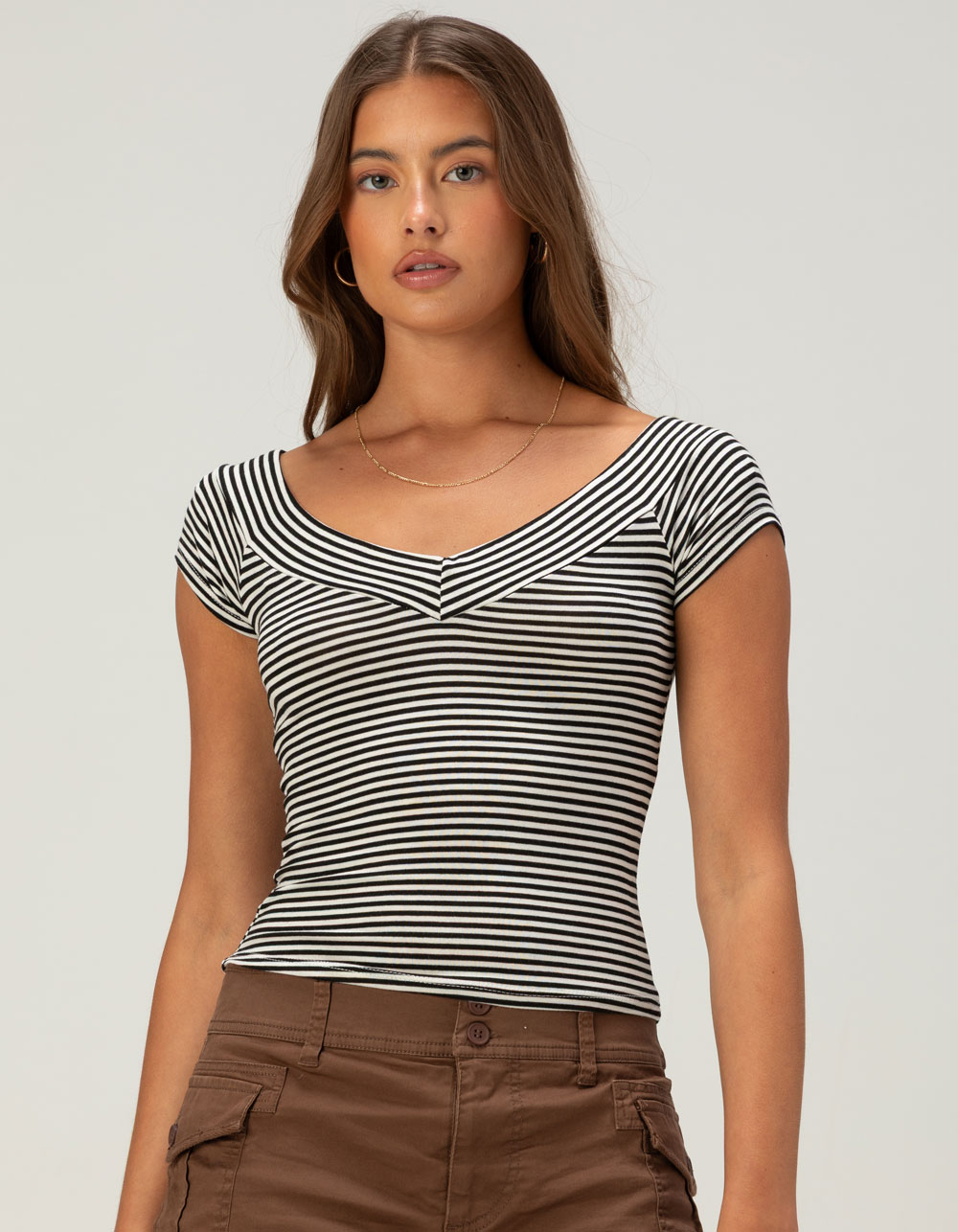 FULL TILT Off The Shoulder Stripe Womens Tee - BLK/WHT