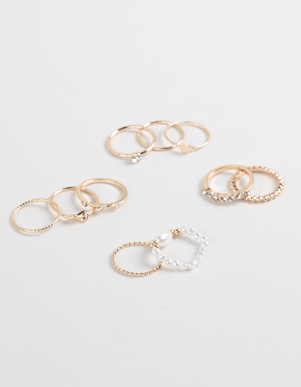FULL TILT 10 Pack Pearl/Heart Rings - GOLD