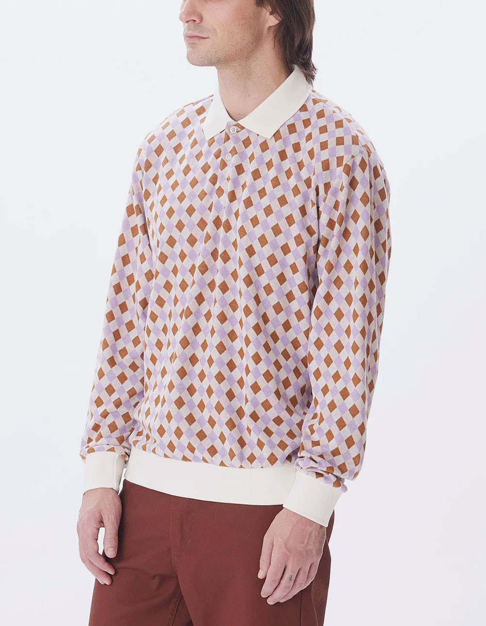 OBEY Capri Jacquard Mens Long Sleeve Polo Shirt - Cream/Multi