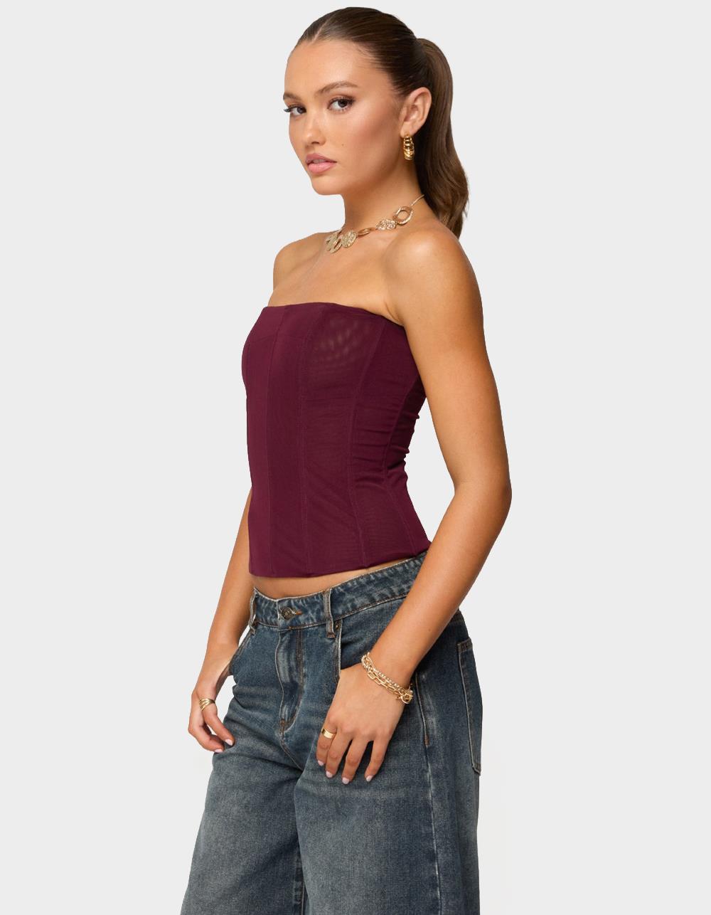 EDIKTED Reed Sheer Mesh Corset - DK RED