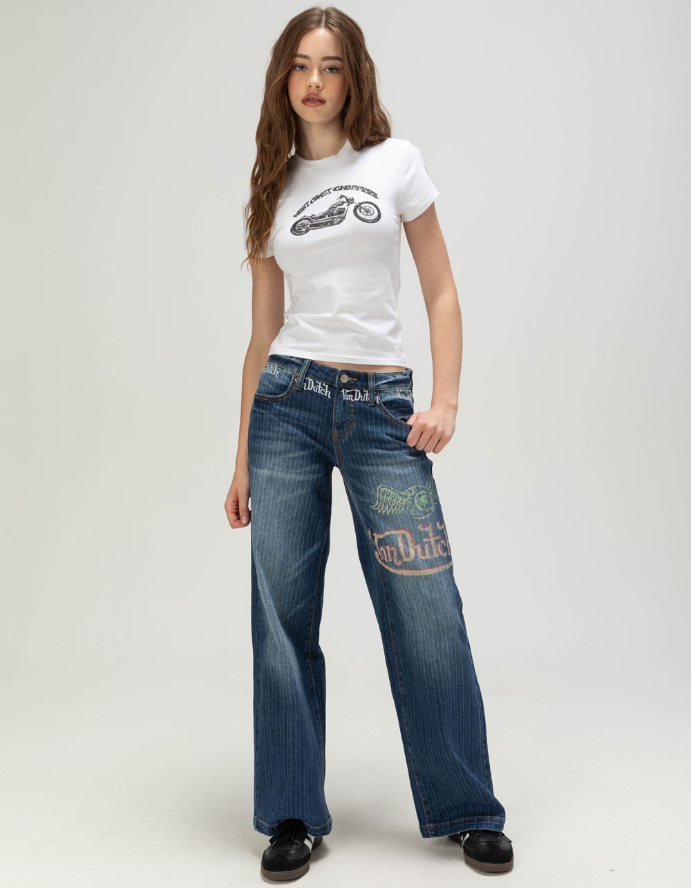 VON DUTCH Mid Rise Womens Wide Leg Slouchy Jeans - MEDIUM WASH