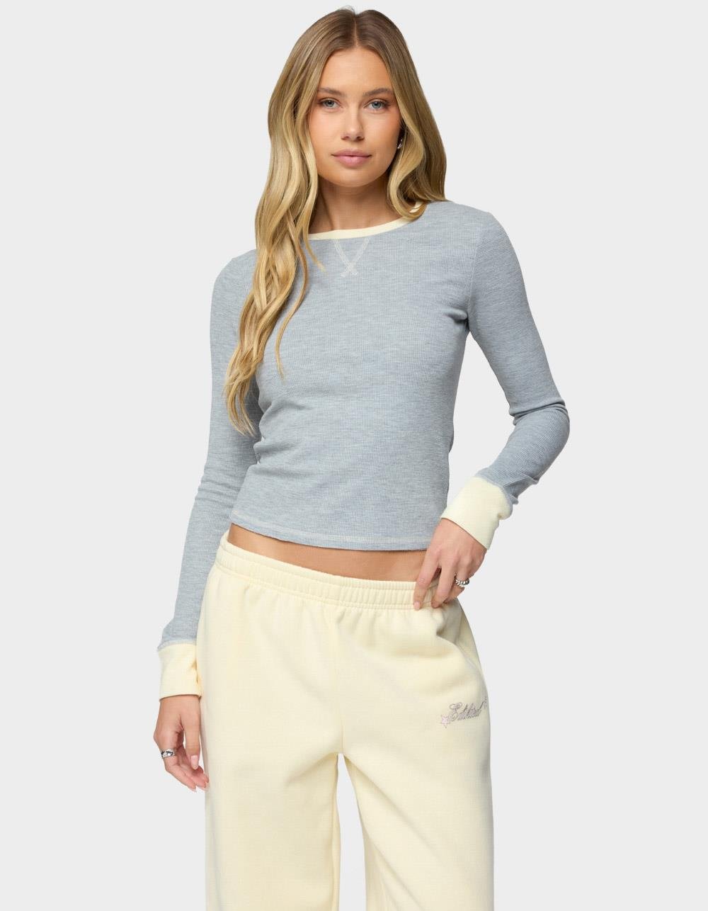 EDIKTED Rora Contrast Long Sleeve Waffle Top - GRAY