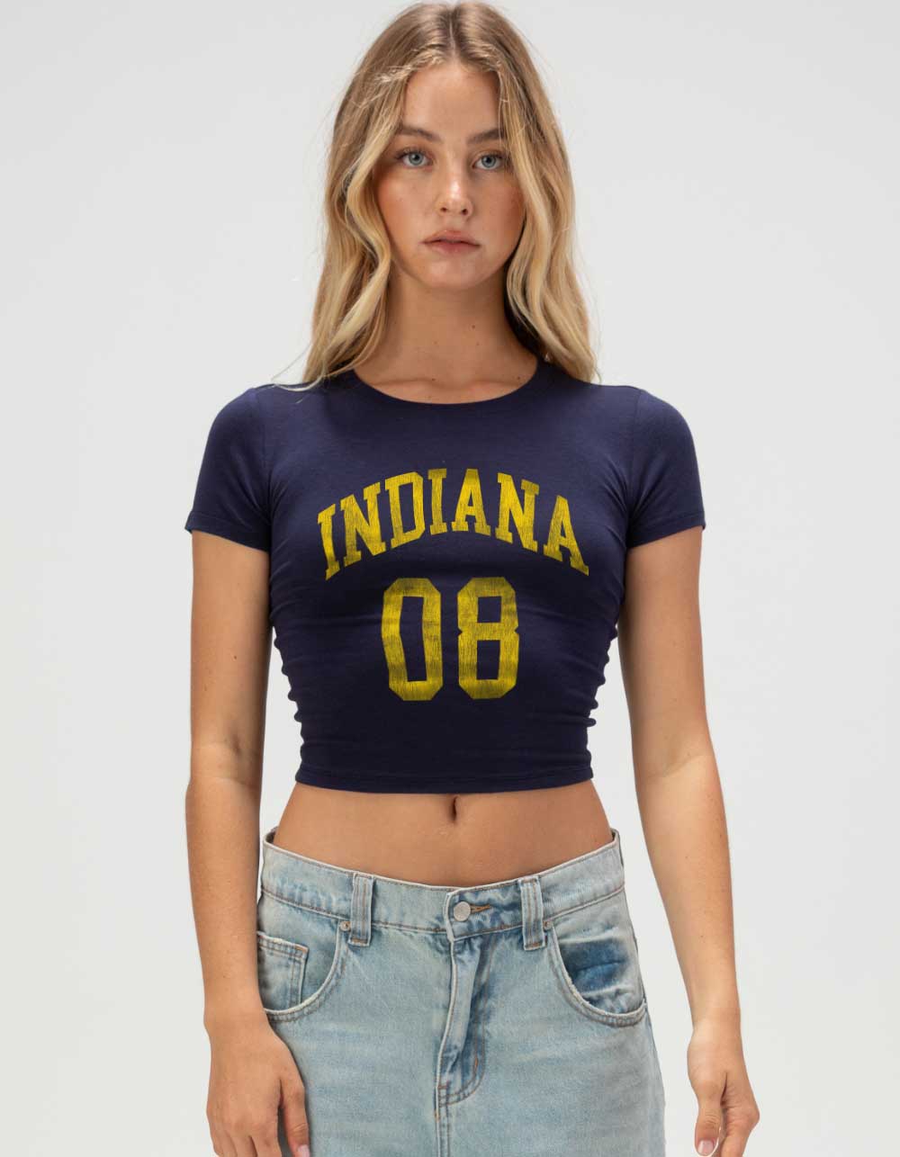 INDIANA 08 Distressed Womens Baby Tee - NAVY