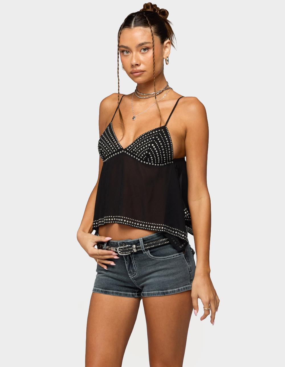 EDIKTED Studded Asymmetric Sheer Babydoll Top - BLACK