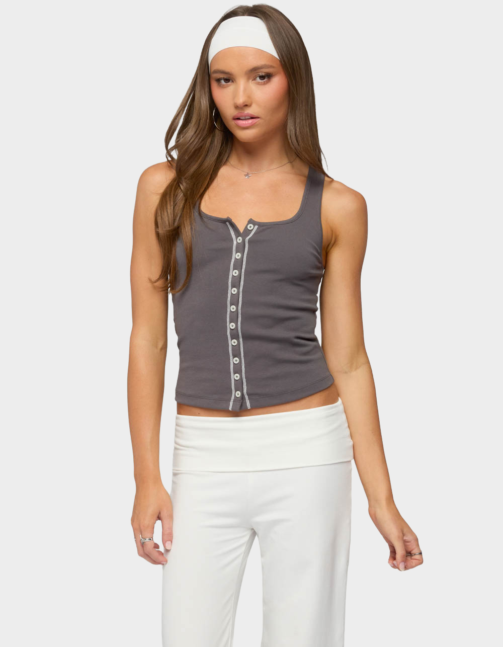 EDIKTED Contrast Button Up Ribbed Tank Top - GRAY