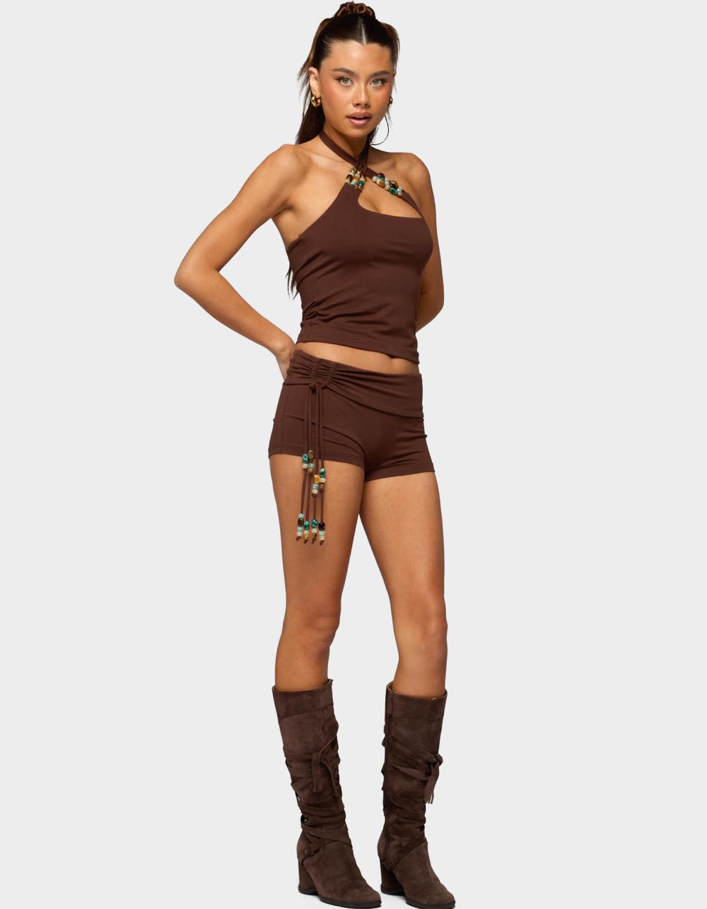 EDIKTED Thia Ruched Bead Foldover Shorts - DARK BROWN