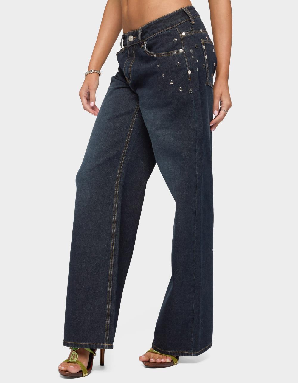 EDIKTED Spiral Studded Low Rise Baggy Jeans - DARK BLUE