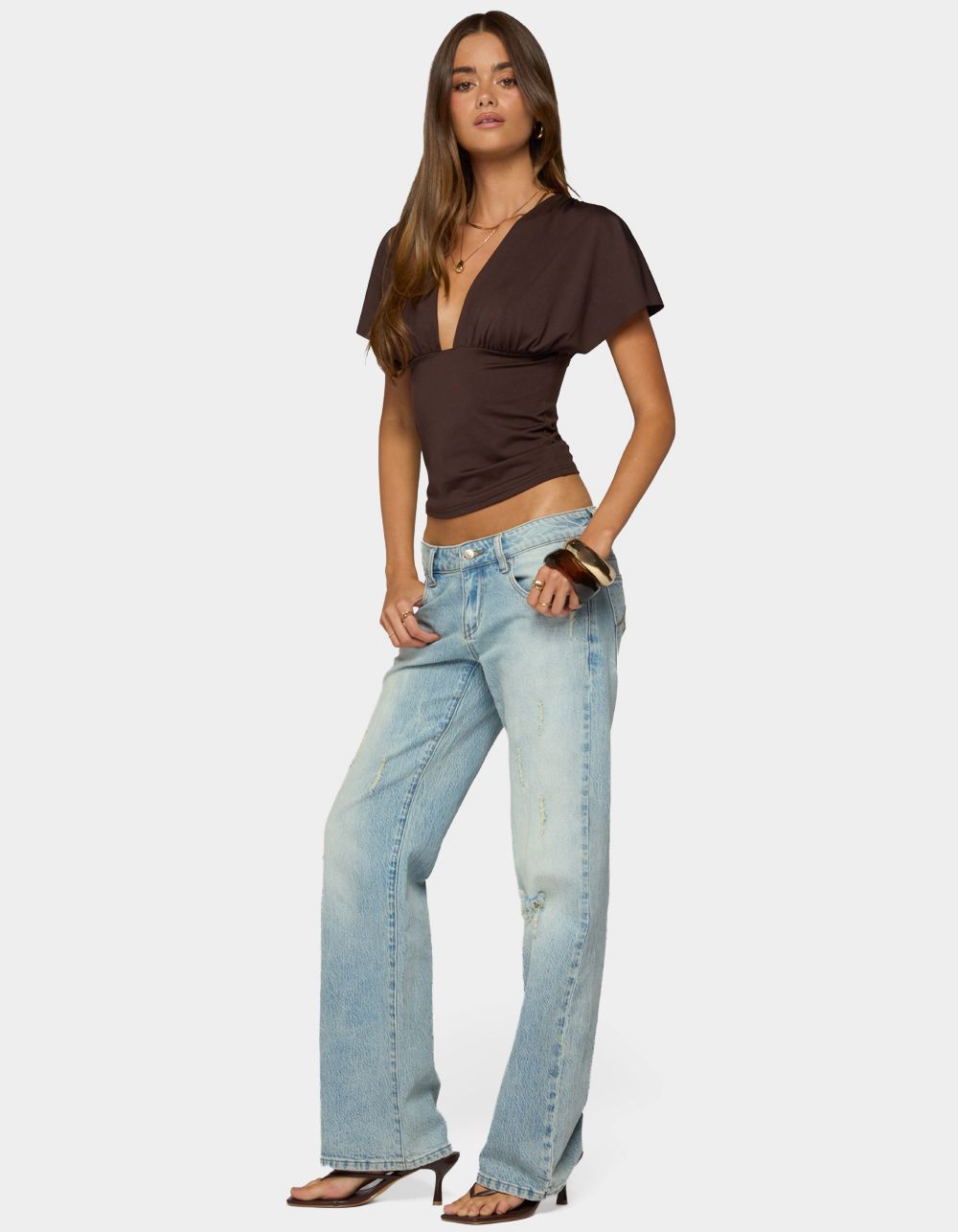 EDIKTED Flutter Plunging V-Neck Top - DARK BROWN