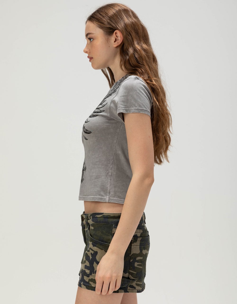 AFFLICTION Rosary Of Life Womens Baby Tee - GRAY