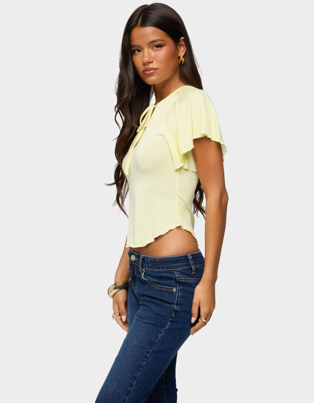 EDIKTED Roye Keyhole Flutter Raglan Top - YELLOW