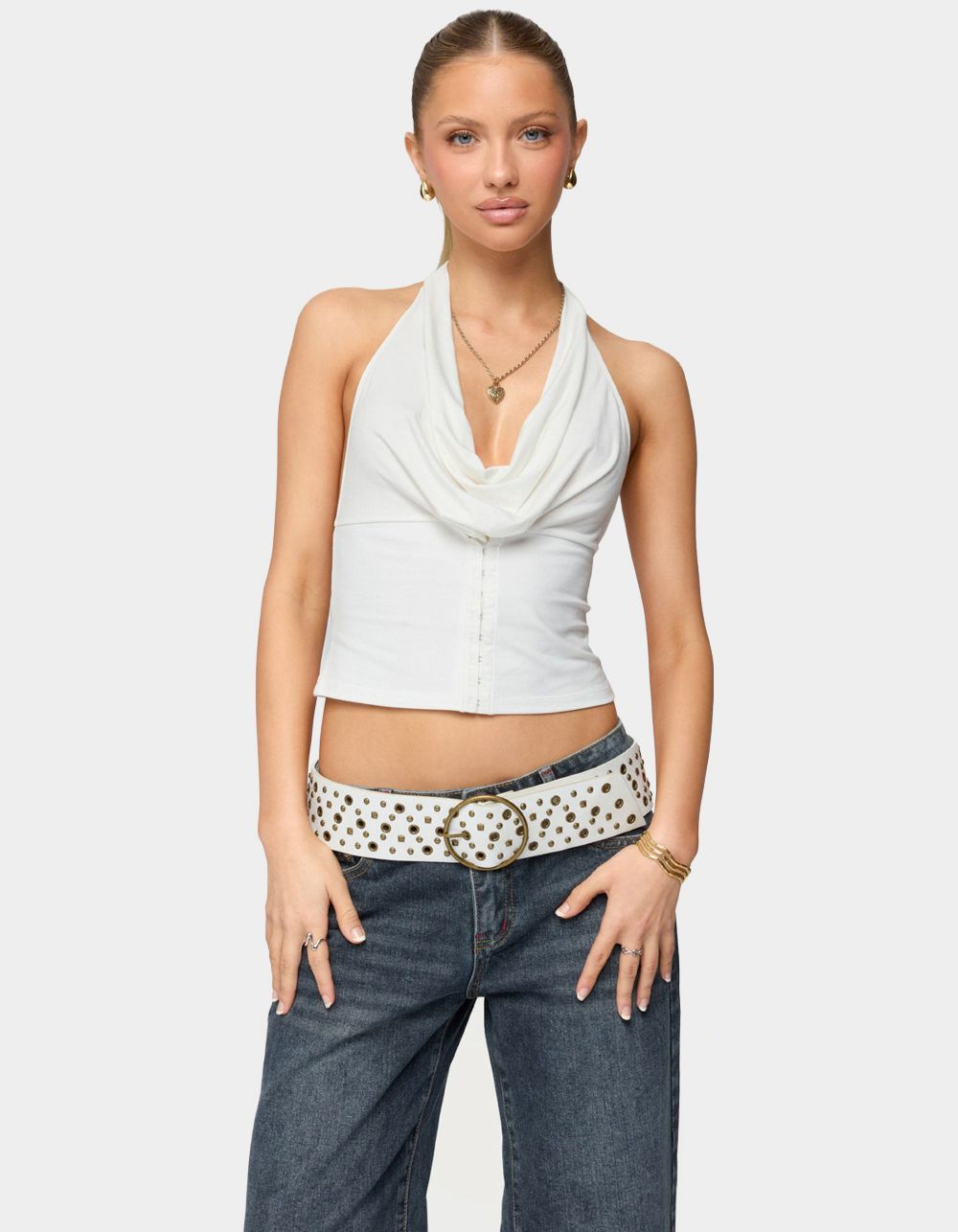 EDIKTED Hook & Eye Cowl Neck Halter Top - WHITE