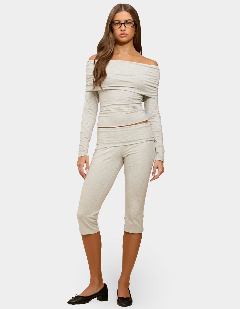 EDIKTED Habiba Foldover Off Shoulder Top - GRAY