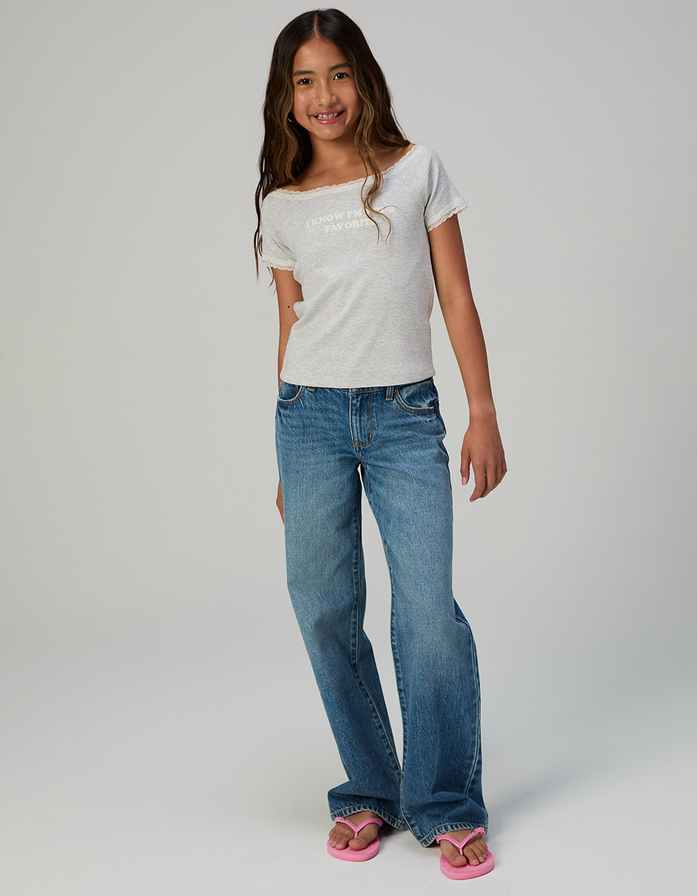 FULL TILT Favorite Girls Lace Trim Tee - HEATHER GRAY
