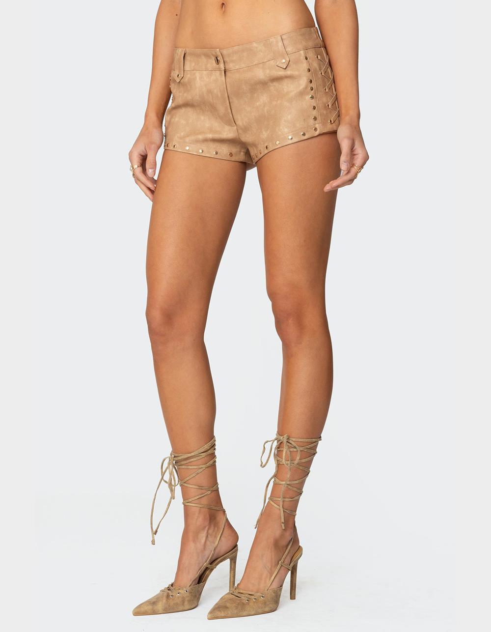EDIKTED Audrey Faux Leather Studded Micro Shorts - BEIGE