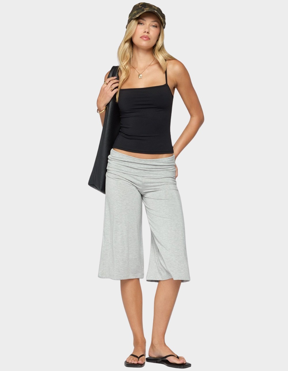 EDIKTED Shirly Wide Leg Foldover Capri Pants - GRAY