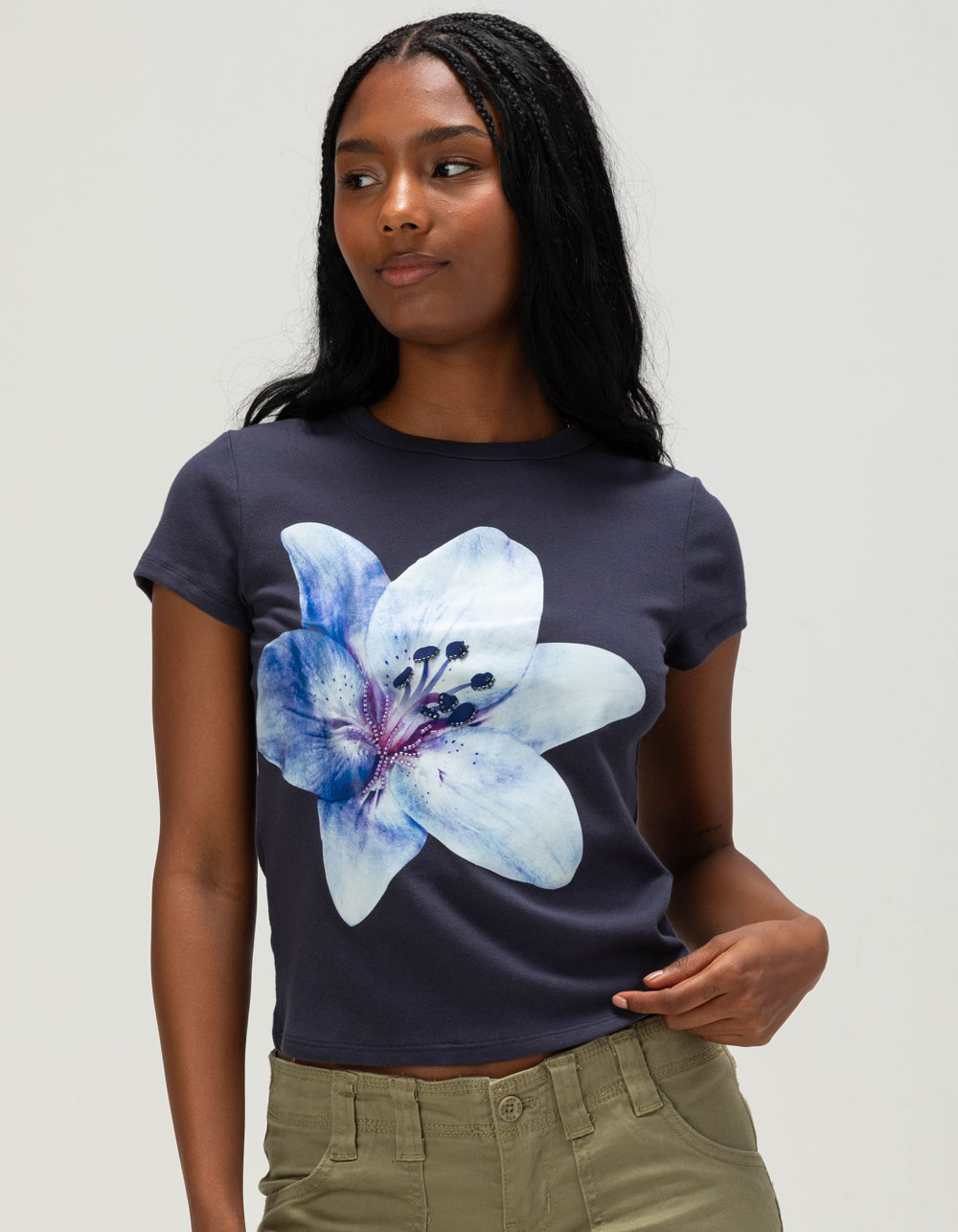 FULL TILT Beaded Flower Womens Baby Tee - NAVY