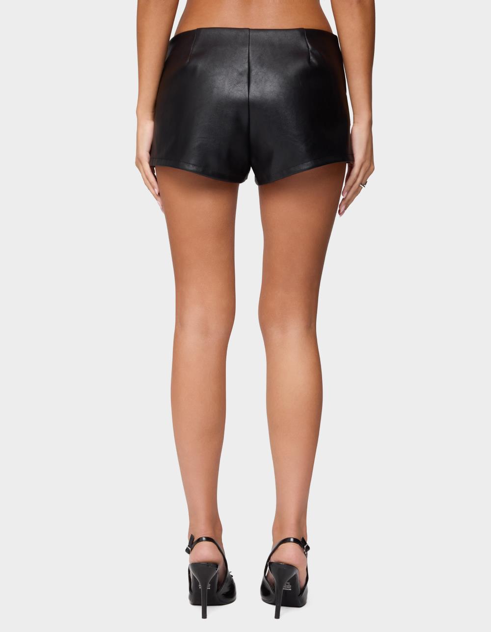 EDIKTED Studded Belt Faux Leather Micro Shorts - BLACK
