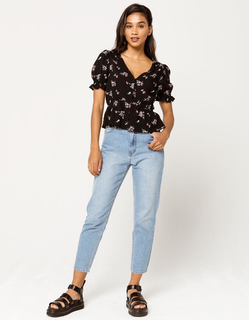MIMI CHICA Button Front Peplum Womens Peasant Top - BLACK COMBO | Tillys