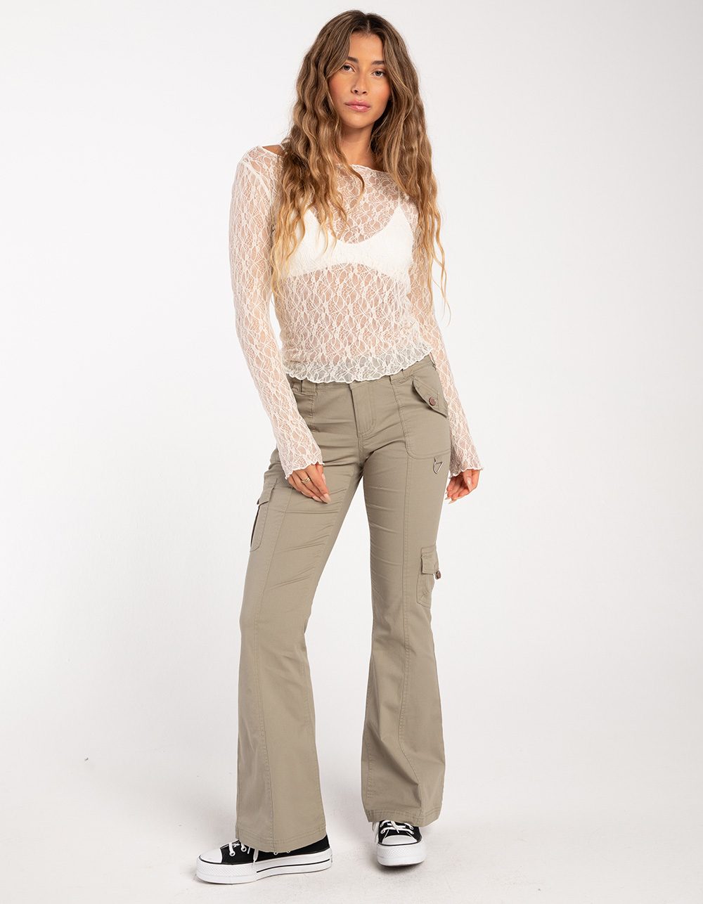RSQ Womens Low Rise Poplin Cargo Flare Pants - SAGE