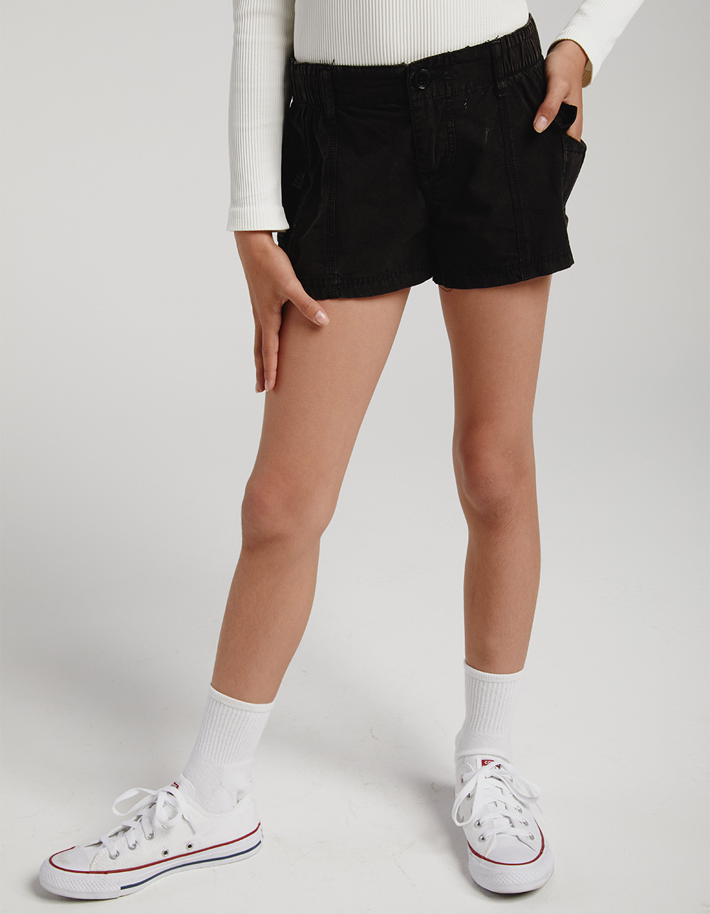 FULL TILT Washed Elastic Waist Girls Cargo Shorts - WASHED BLACK