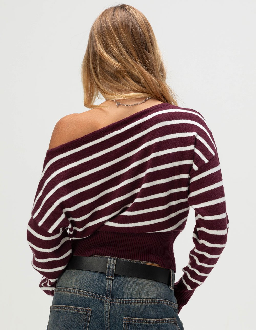 RSQ Womens High Rib Stripe Off The Shoulder Sweater - BURGUNDY