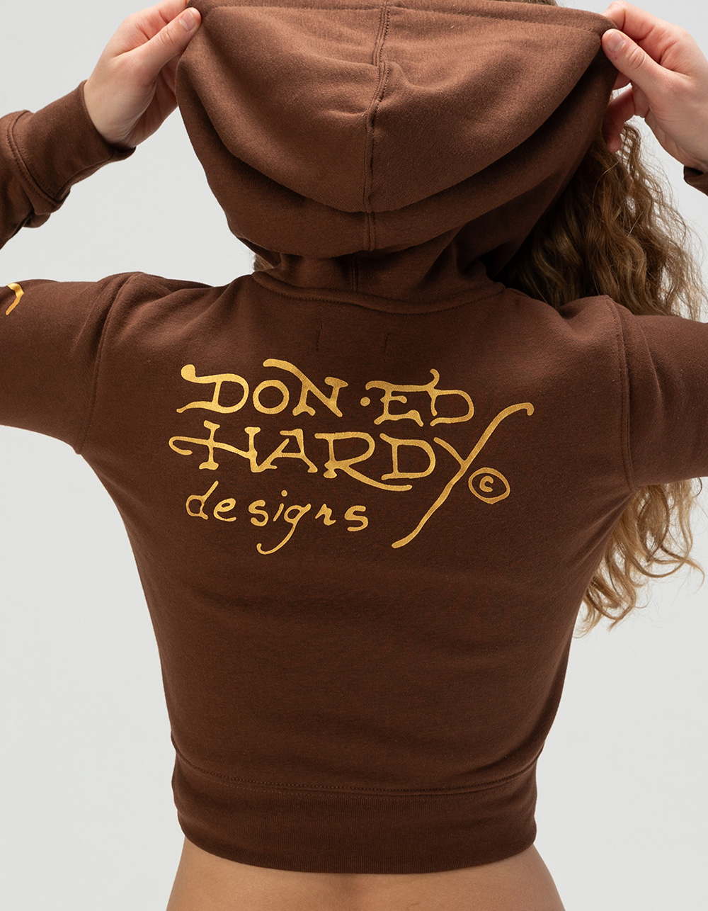 ED HARDY Koi Fish Womens Zip-Up Crop Hoodie - BROWN