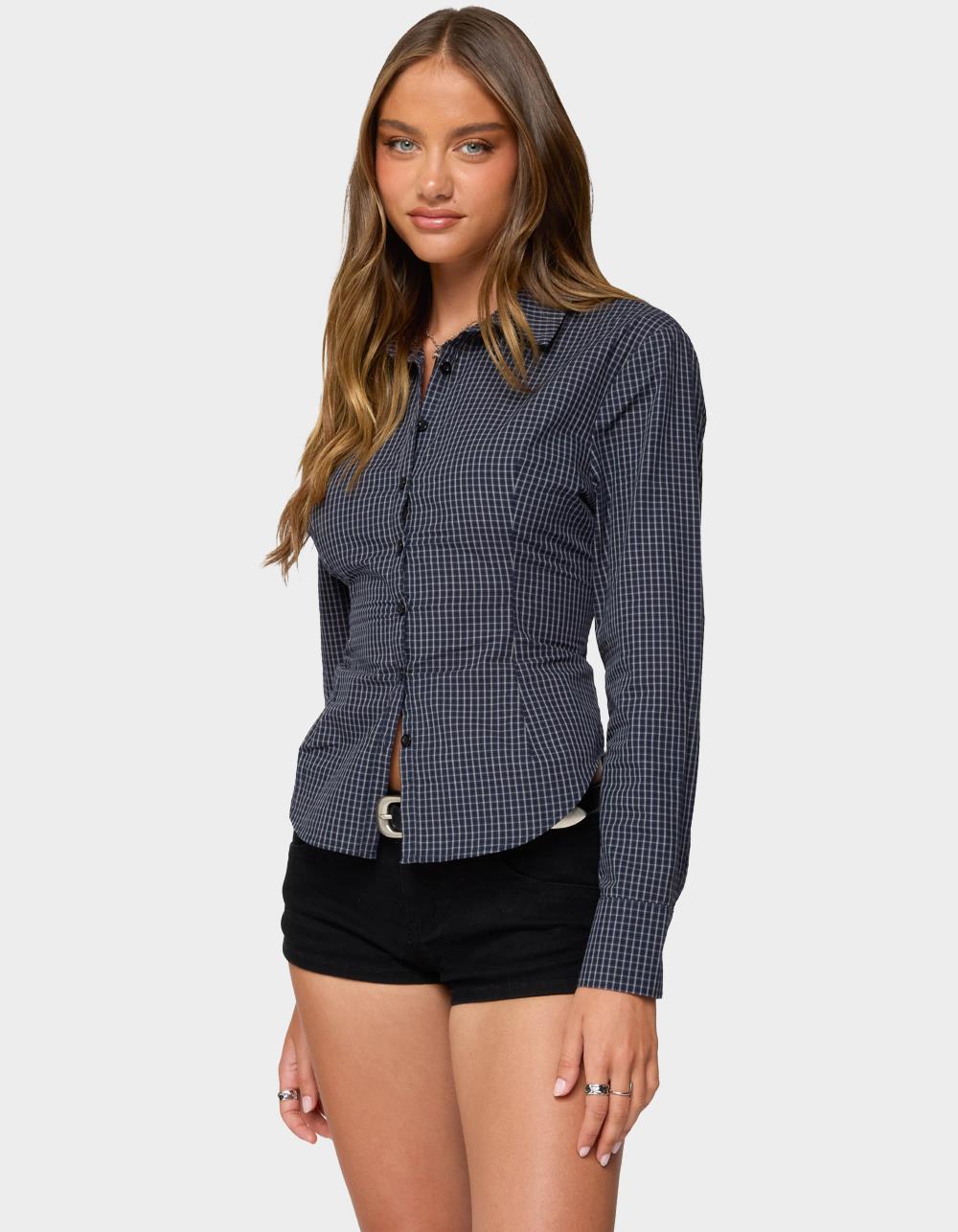 EDIKTED Lisbet Checkered Button Up Shirt - NAVY