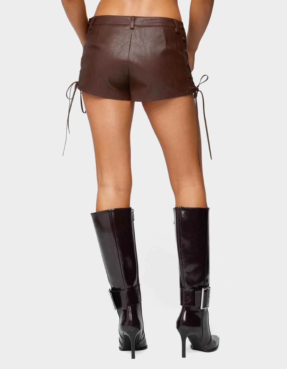 EDIKTED Kariss Lace Up Faux Leather Micro Shorts - BROWN