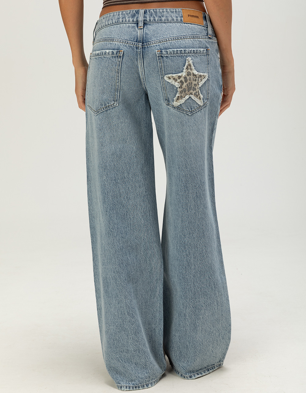 RSQ Womens Ultra Low Rise Baggy Star Patch Jeans - MEDIUM WASH
