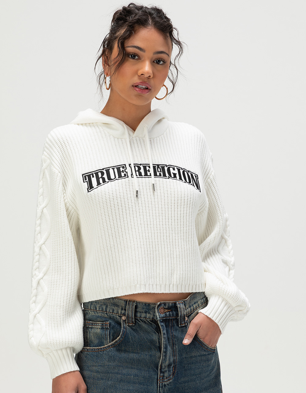 TRUE RELIGION Embroidered Ribbed Womens Hoodie - CREAM