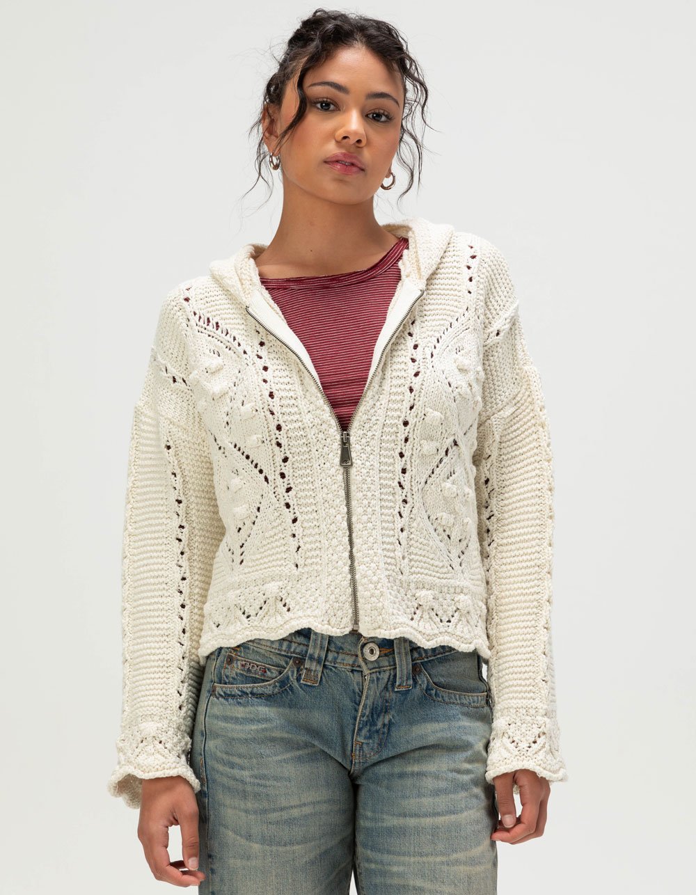 BDG Urban Outfitters Crochet Womens Zip-Up Hoodie - CREAM
