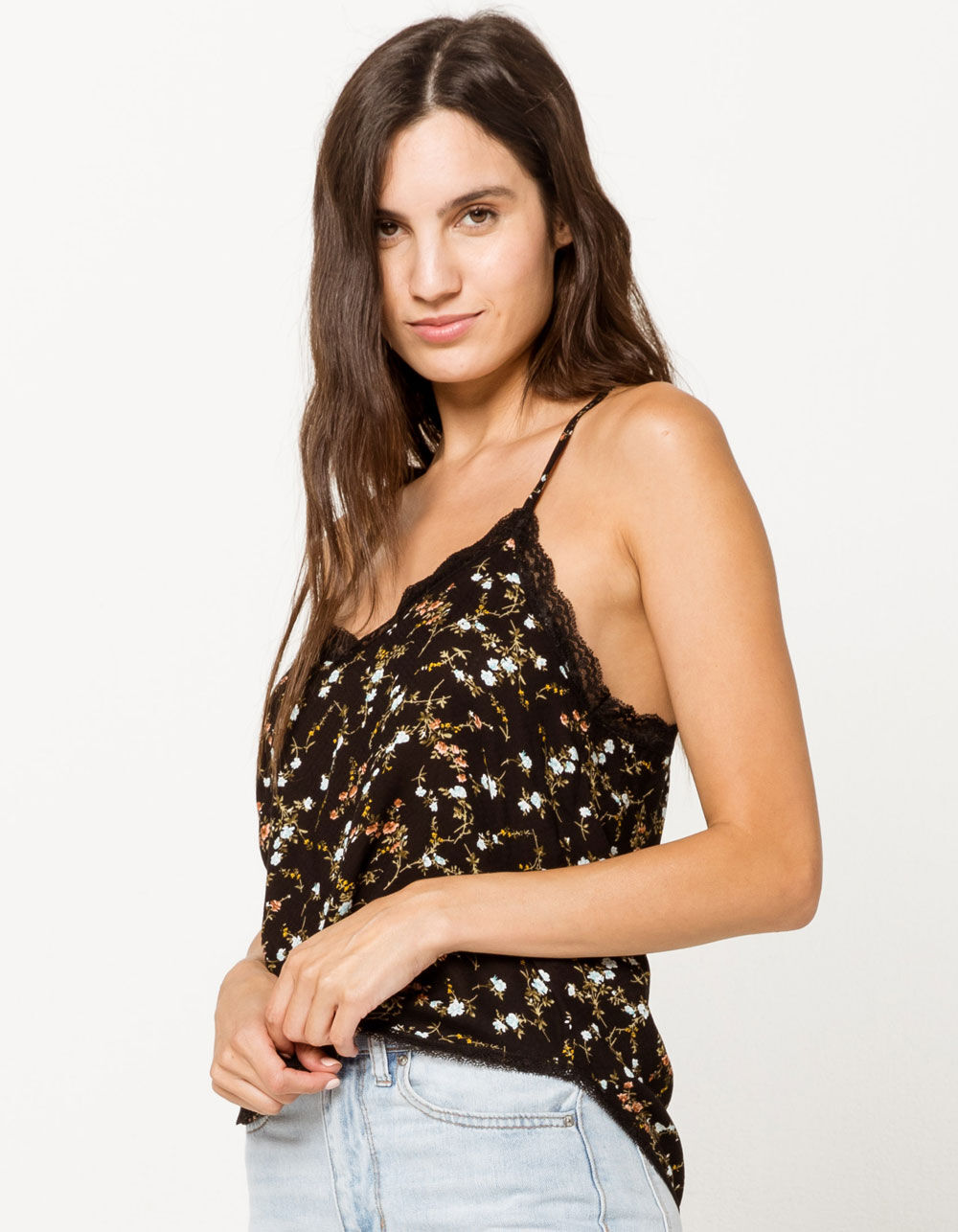 IVY & MAIN Lace Trim T-Back Womens Cami - BLACK COMBO | Tillys