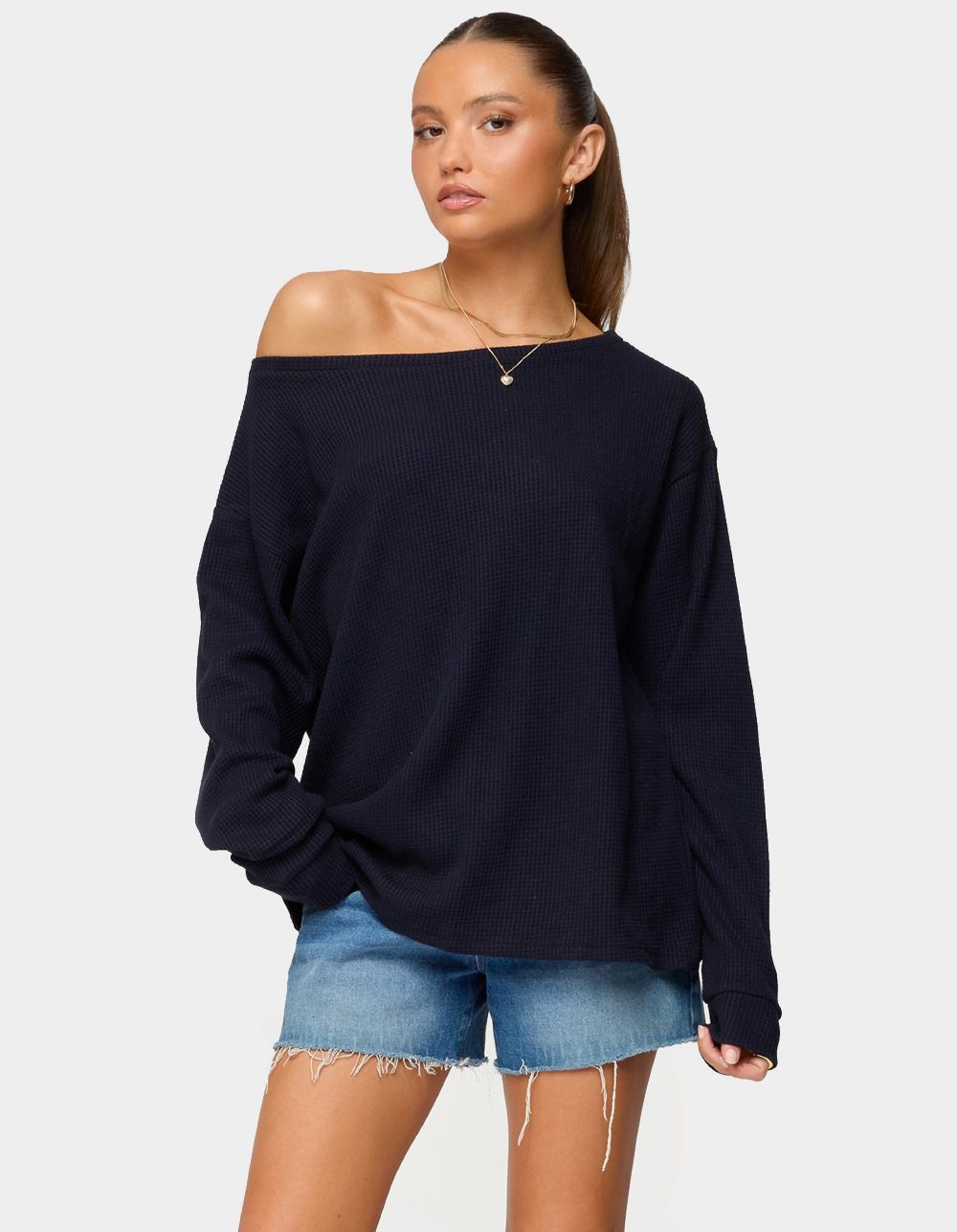 EDIKTED Damari Off Shoulder Oversized Waffle Top - NAVY