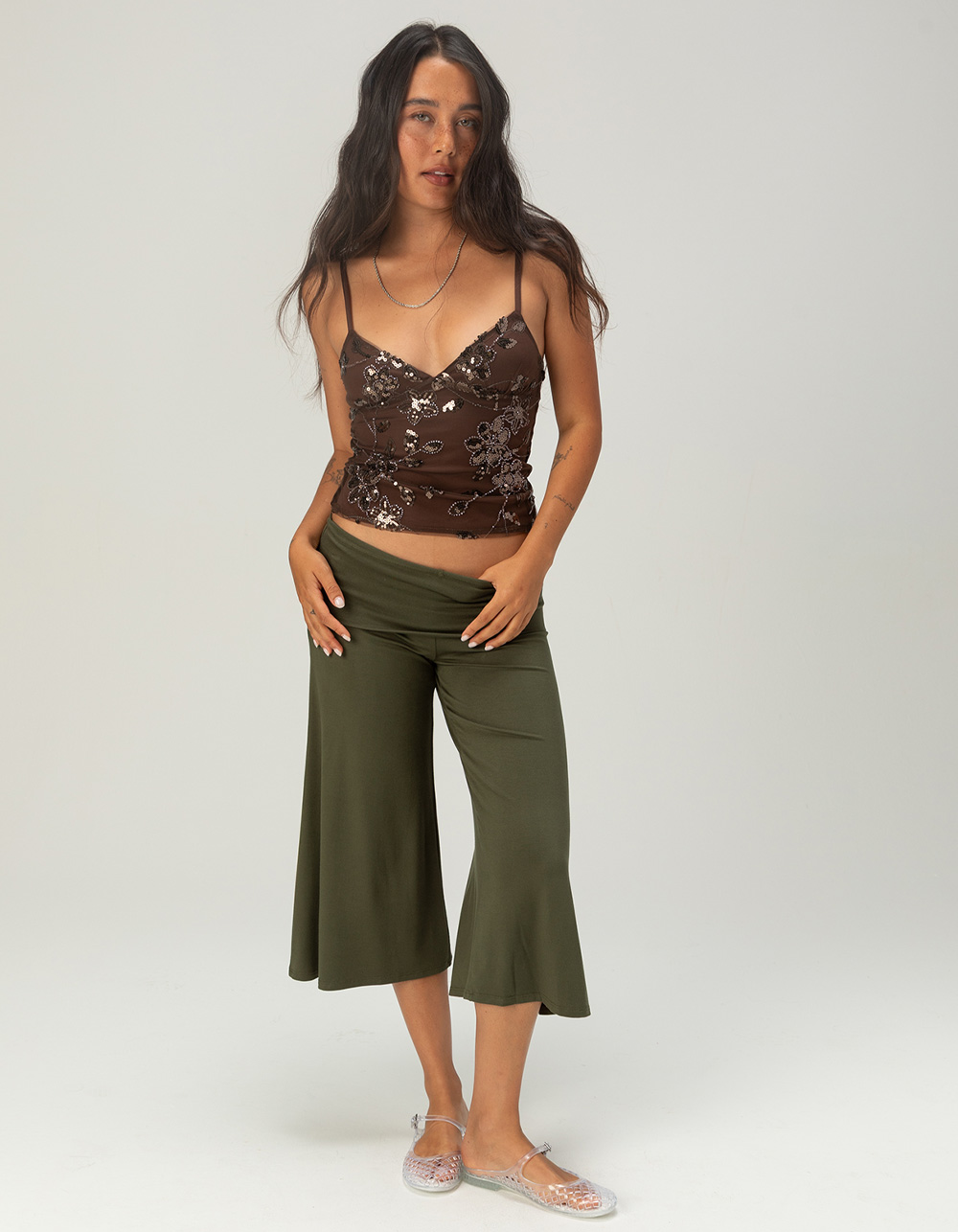 JUST POLLY Womens Sparkle Cami - BROWN