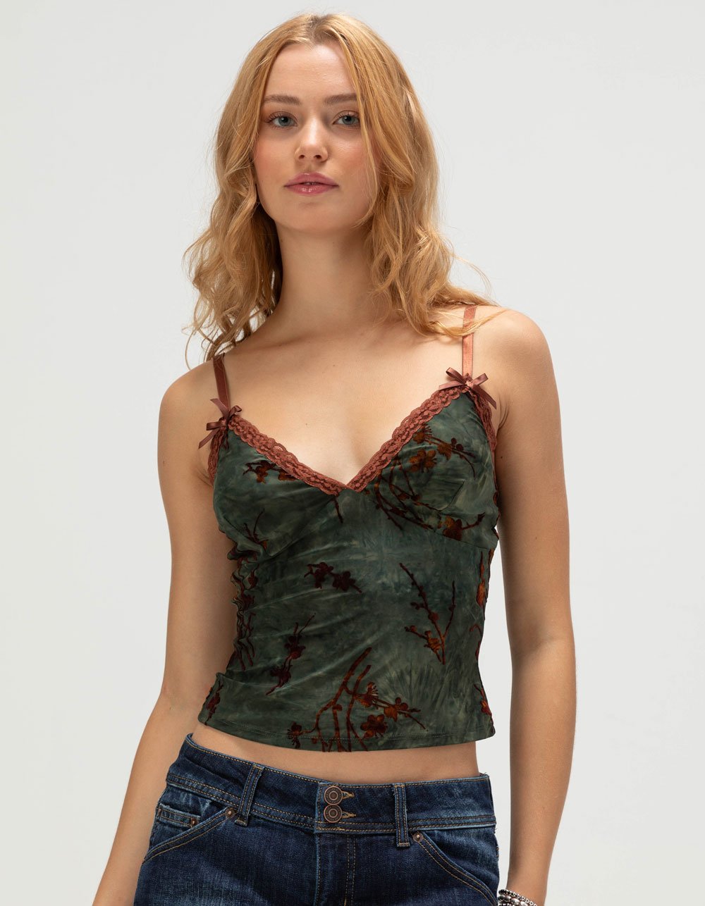 FULL TILT Flocked Womens Cami - TEAL GREEN