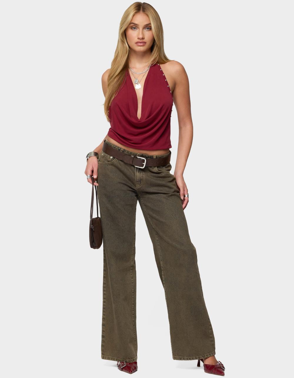 EDIKTED Irina Stud Cowl Neck Halter Top - DK RED