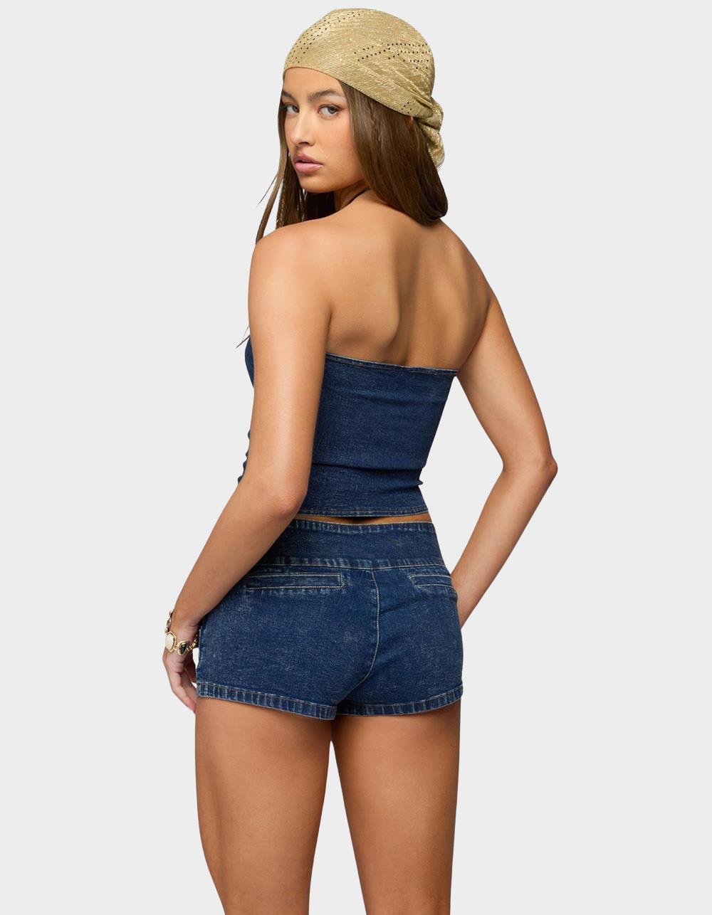EDIKTED Zaida Asymmetric Denim Strapless Top - BLUE