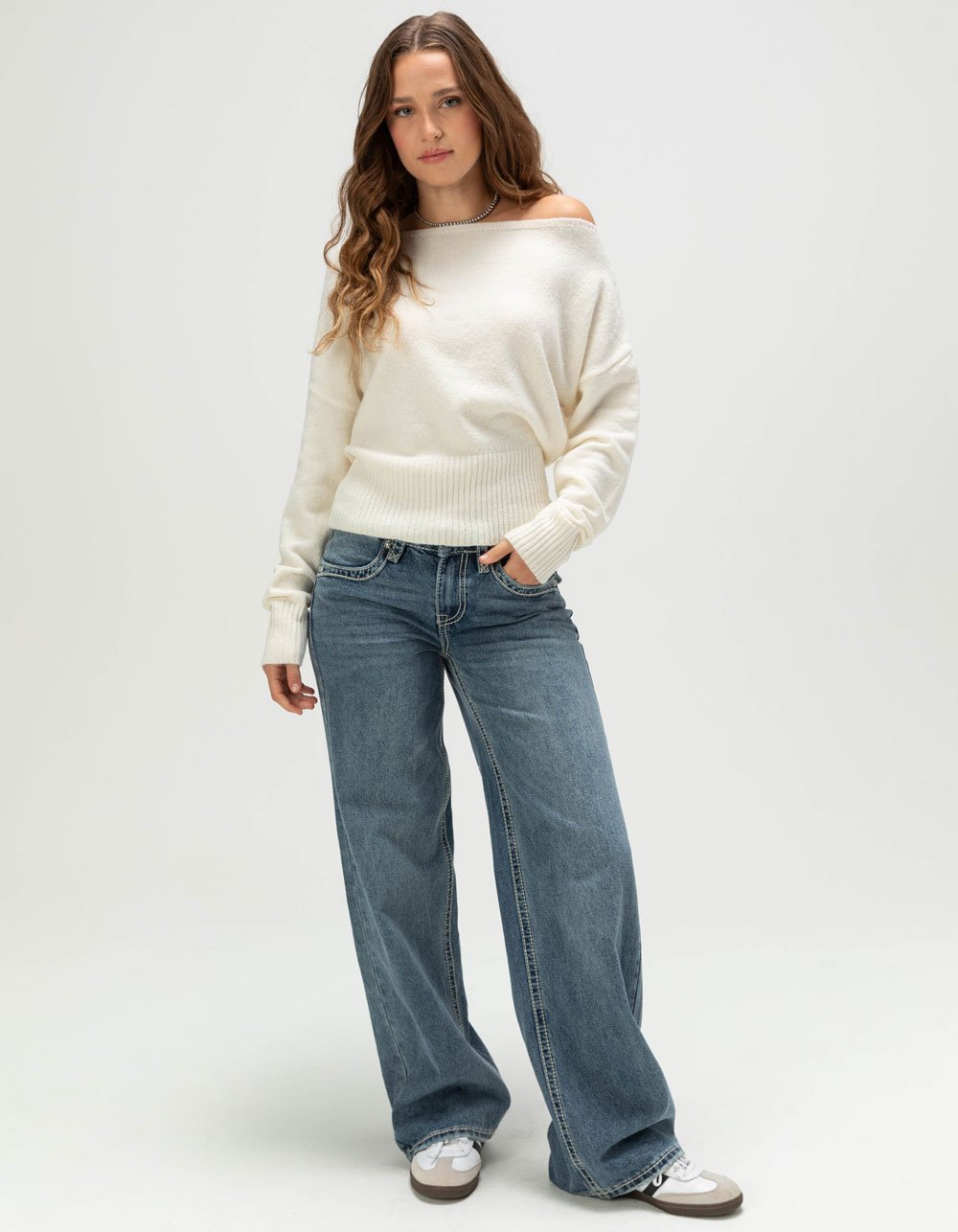 RSQ Womens High Rib Off The Shoulder Sweater - CREAM