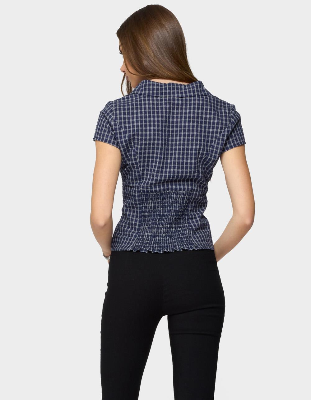 EDIKTED Oriya Gingham Tailored Button Up Shirt - NAVY