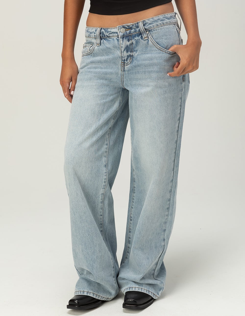 RSQ Womens Low Rise Original Baggy Embroidered Jeans - LIGHT WASH