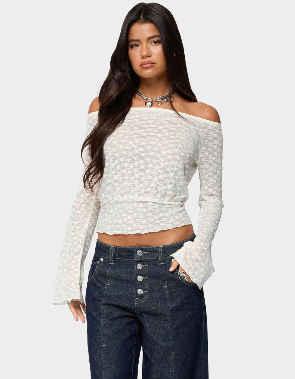 EDIKTED Alef Sheer Lace Off Shoulder Top - BEIGE