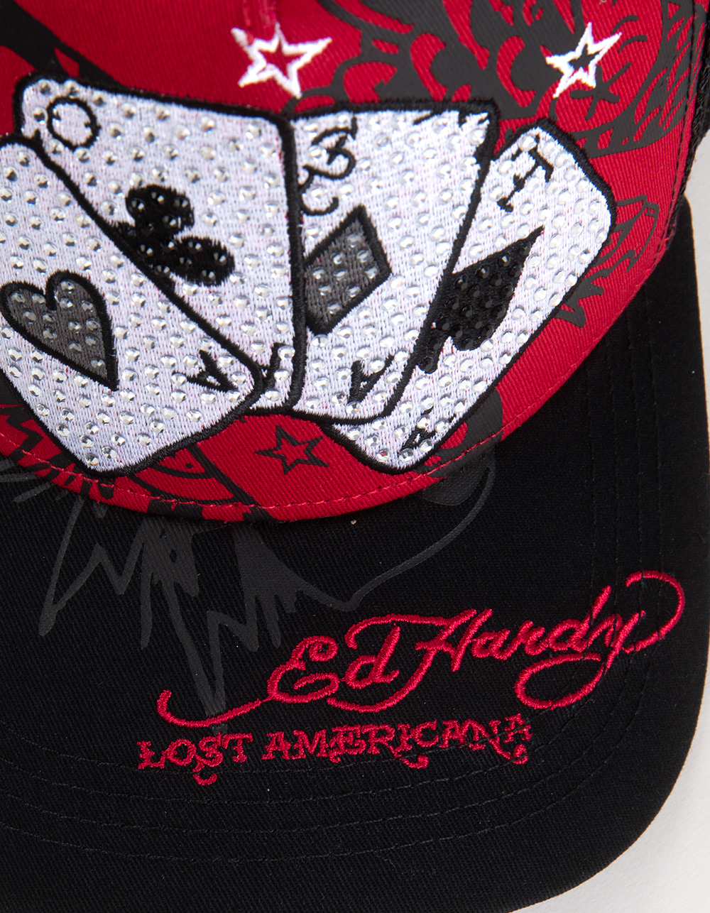 ED HARDY x MGK Cards Rhinestone Trucker Hat - RED COMBO