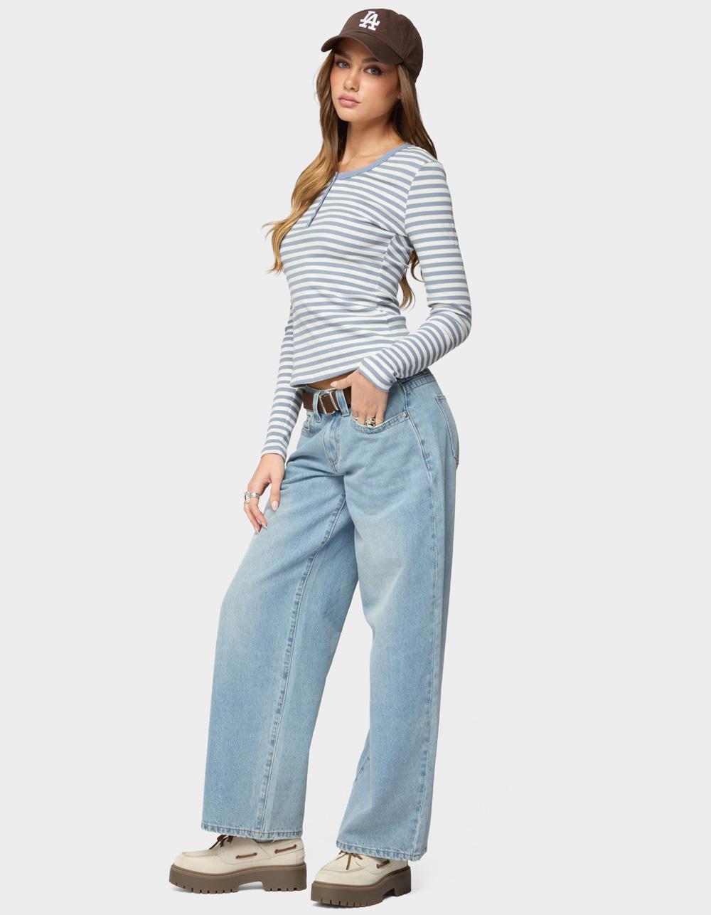 EDIKTED Roma Striped Henley Top - BLUE