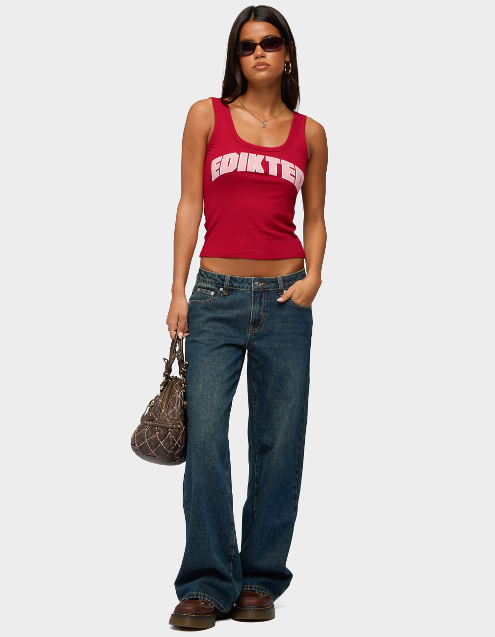 EDIKTED Girly Ribbed Tank Top - DK RED