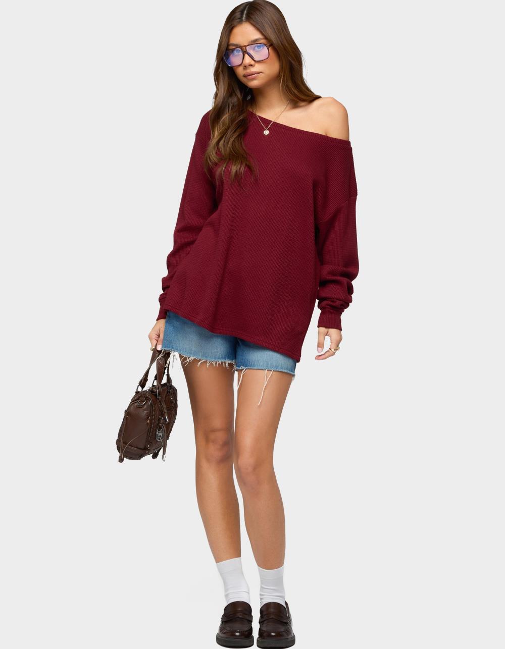 EDIKTED Damari Off Shoulder Oversized Waffle Top