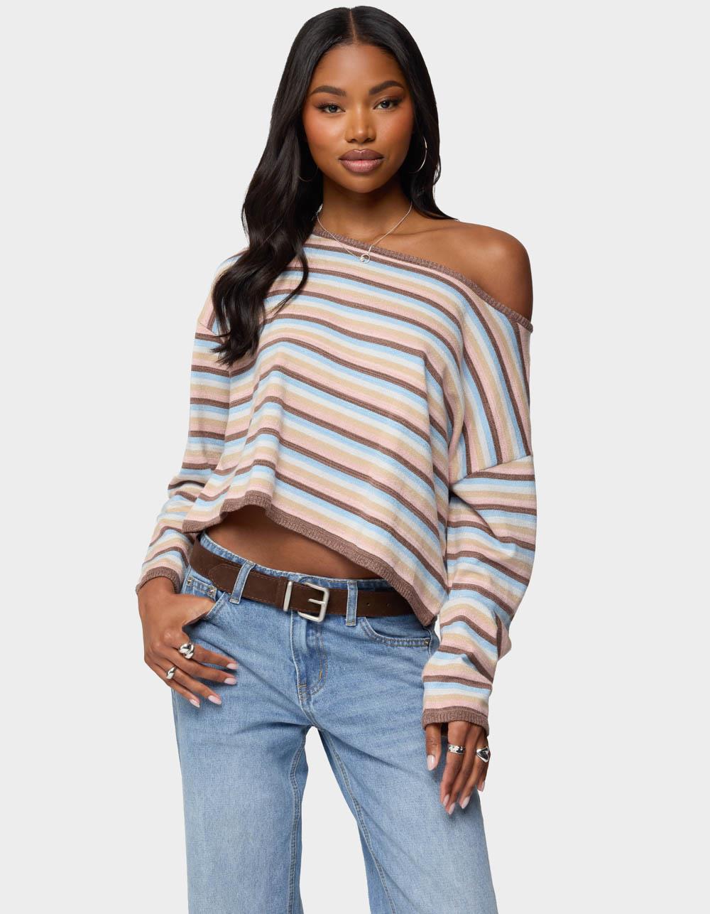 EDIKTED Alexis Off Shoulder Striped Knit Top - BLACK