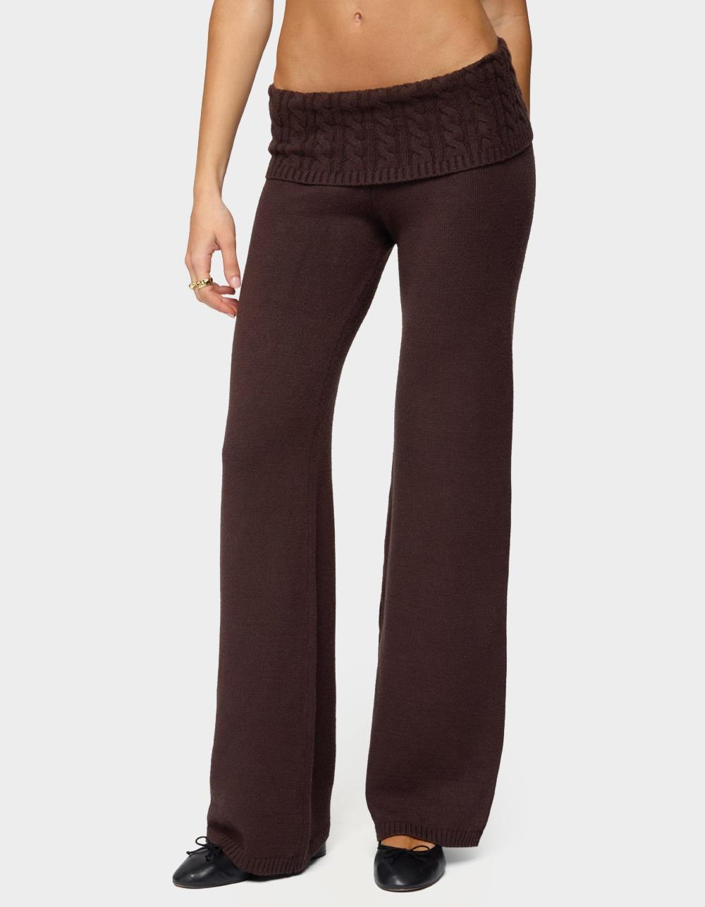 EDIKTED Lula Cable Knit Foldover Pants - BROWN
