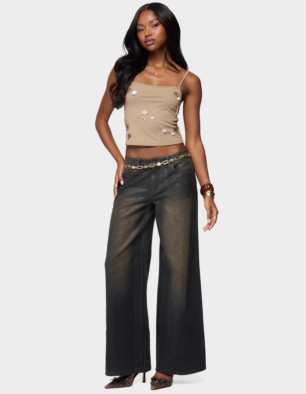 EDIKTED Malia Flower Applique Tank Top - BROWN