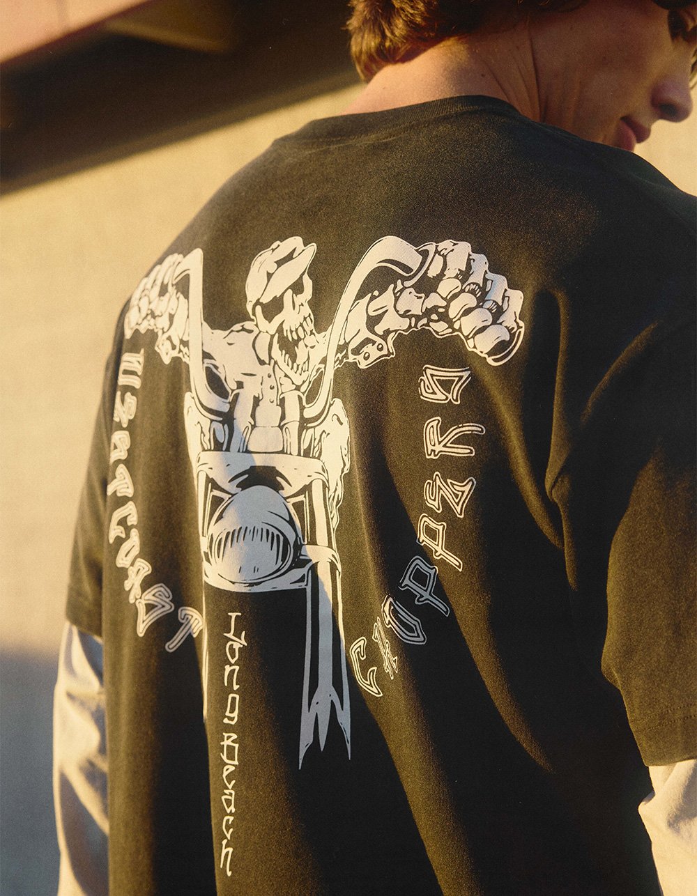 WEST COAST CHOPPERS Skeleton Moto Mens Long Sleeve 2fer Tee - WASHED BLACK