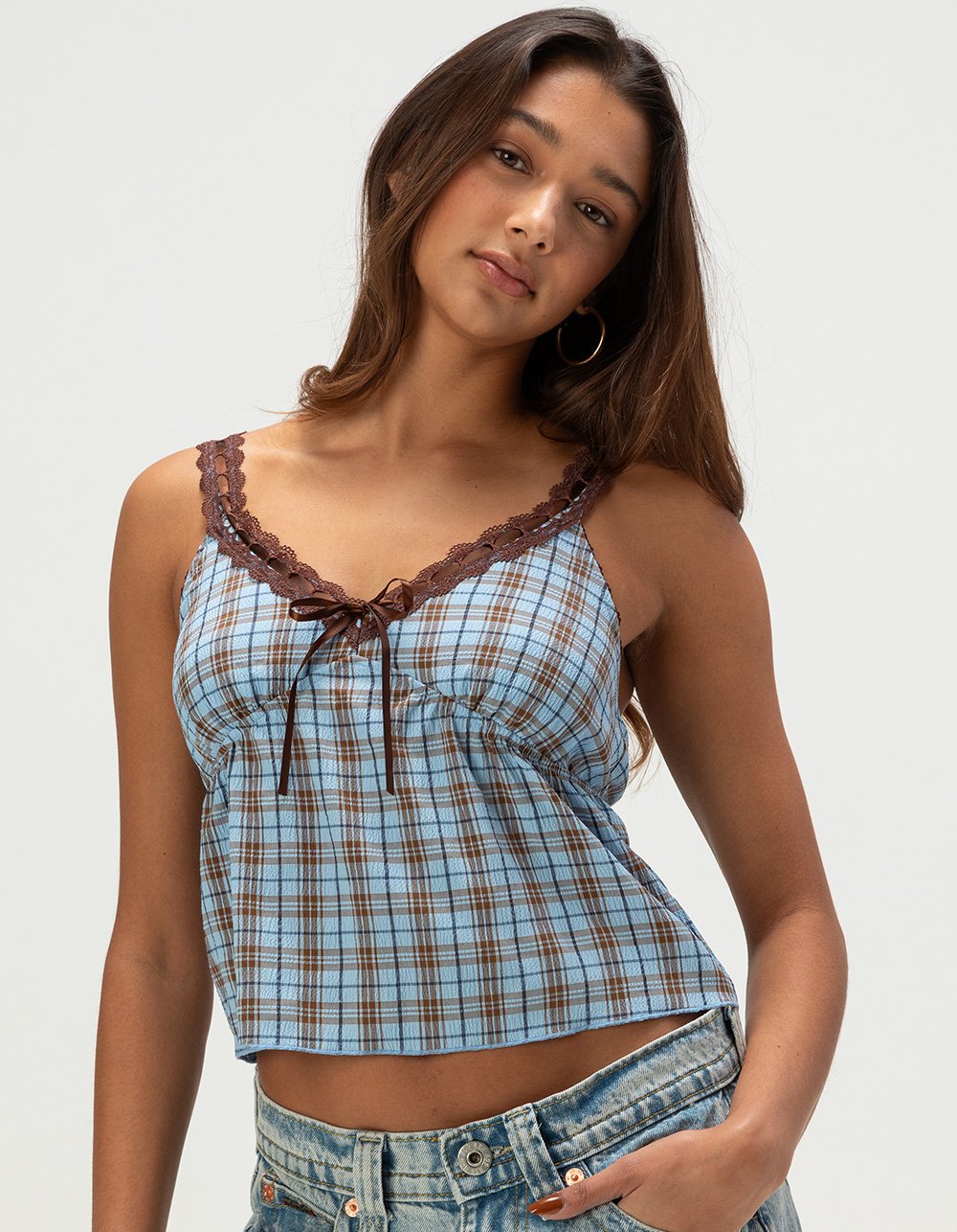 MADDEN GIRL Womens Plaid Babydoll Top
